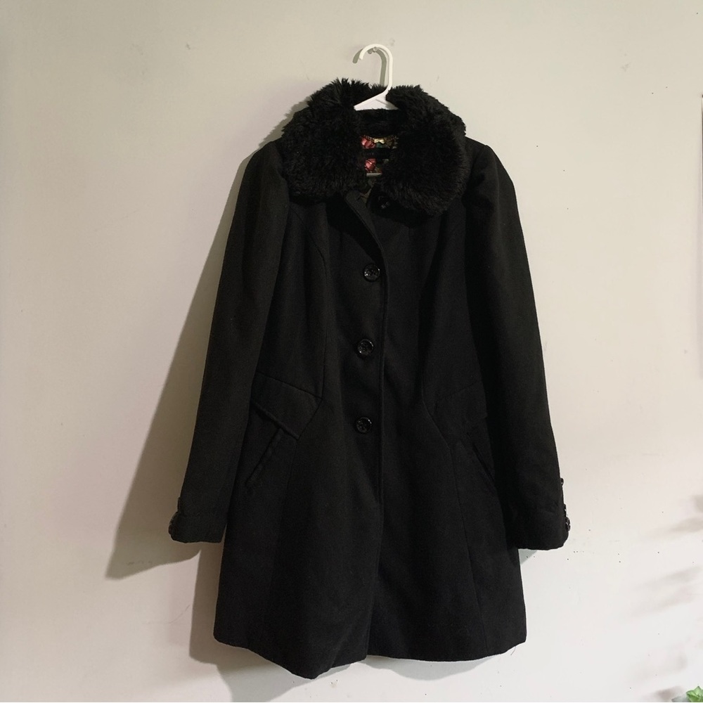 Steve Madden Wool Blend Fur Trim Black Button Up Long Trench Coat Size: Large